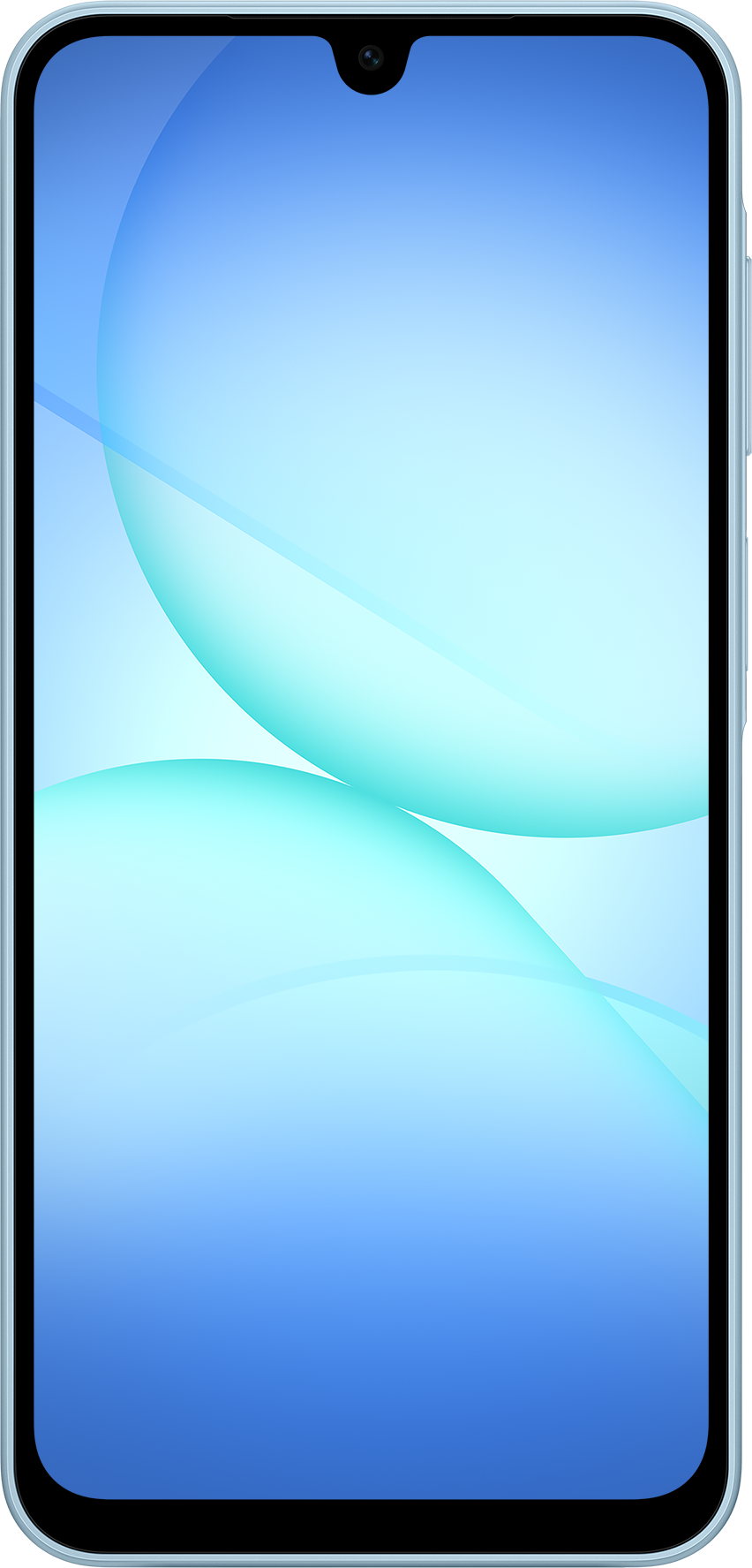Ein Smartphone mit blauem Farbverlauf wird angezeigt. Es hat eine Frontkamera und einen Rahmen. Abstrakte Formen sind im Hintergrund.