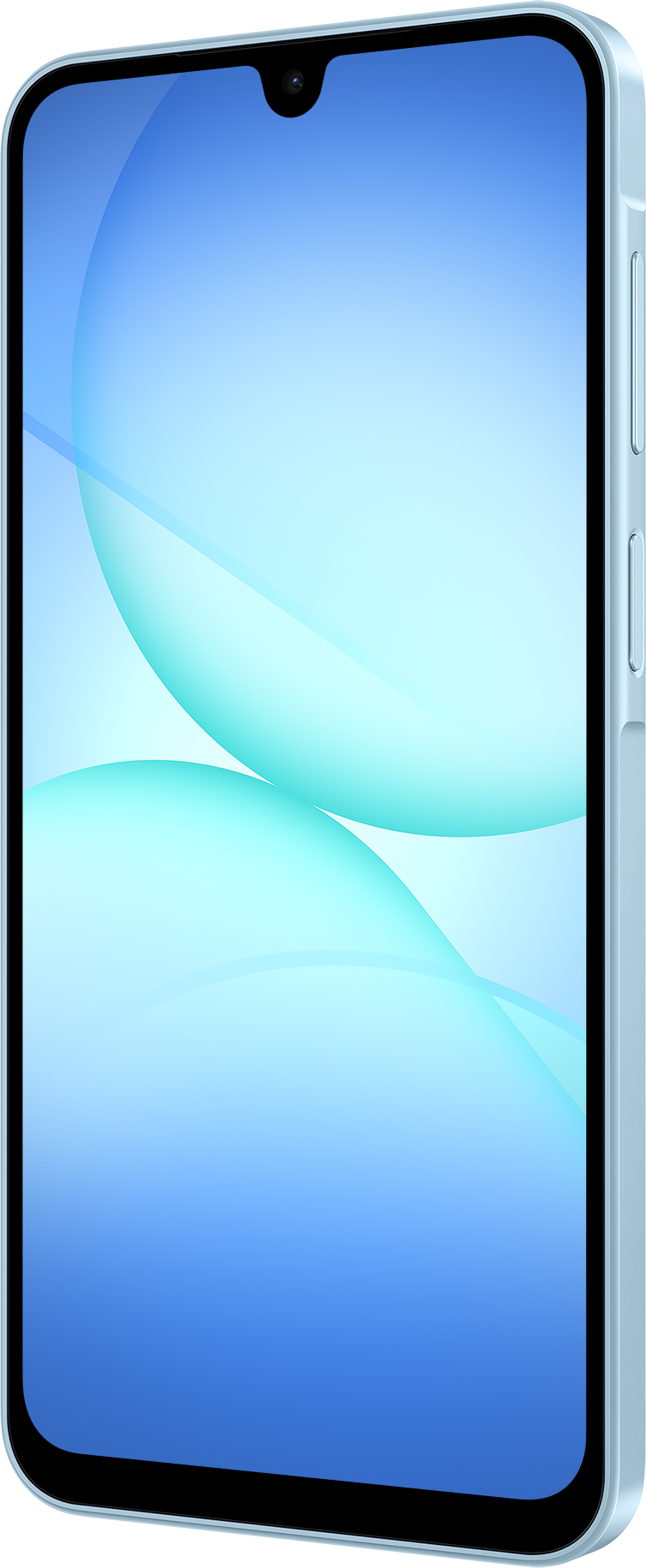 Ein hellblaues Smartphone mit einem leuchtend blauen und türkisfarbenen Farbverlauf. Das Telefon hat einen schwarzen Rand und eine Kamera oben.