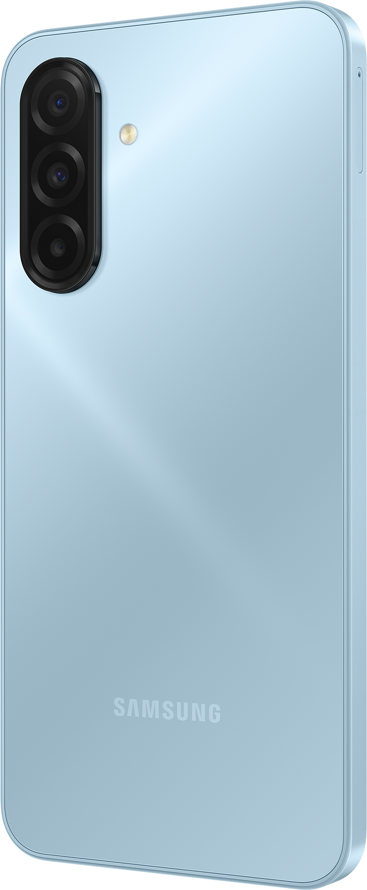 Hellblaue Smartphone-Rückseite. Dreifachkamera, Blitz und Samsung-Logo sichtbar. Abgerundete Ecken und Seitentasten vorhanden.