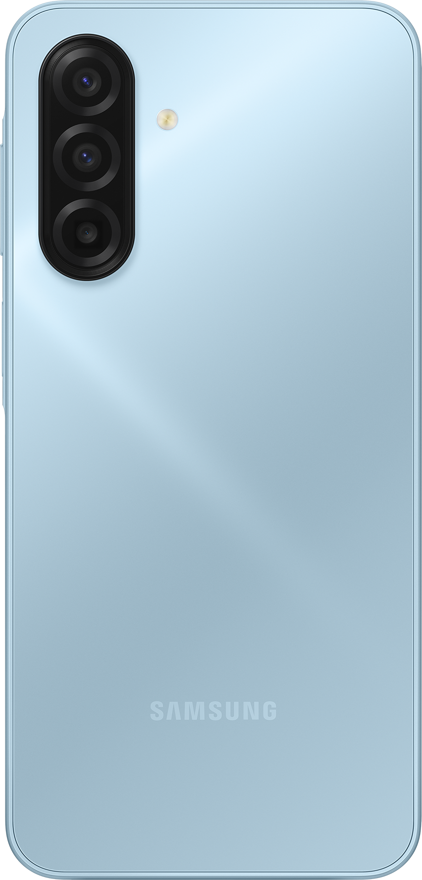 Rückseite eines hellblauen Samsung-Telefons. Verfügt über drei Rückkameras, einen Blitz und das Samsung-Logo. Die Kanten sind abgerundet.