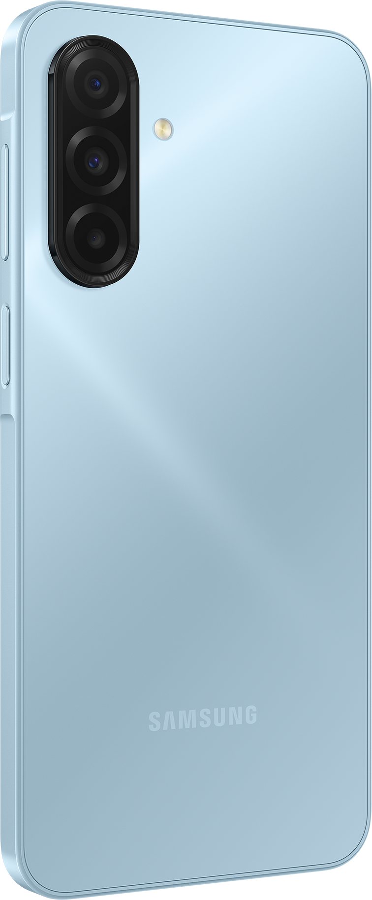 Rückseite eines hellblauen Samsung-Smartphones. Es hat eine Dreifach-Kamera und einen Blitz. Das Samsung-Logo ist sichtbar.