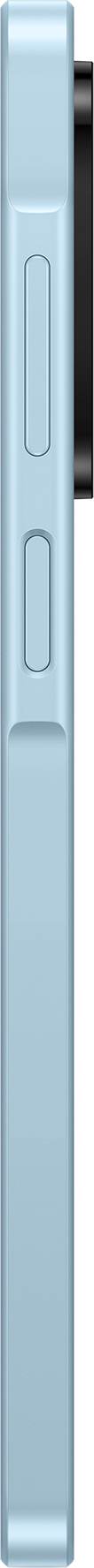 Seitenansicht eines hellblauen Smartphones. Es hat zwei Knöpfe und ein Kameramodul. Der Hintergrund ist grau.