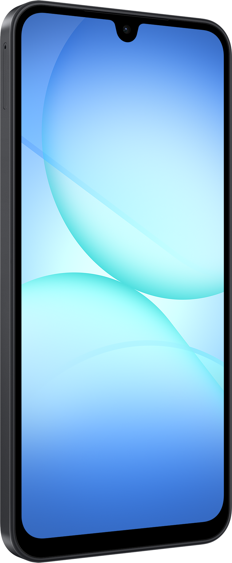 Ein Smartphone mit blauem Farbverlauf-Bildschirm. Oben ist eine Kamera sichtbar. Das Telefon hat einen dunkelgrauen Rahmen.