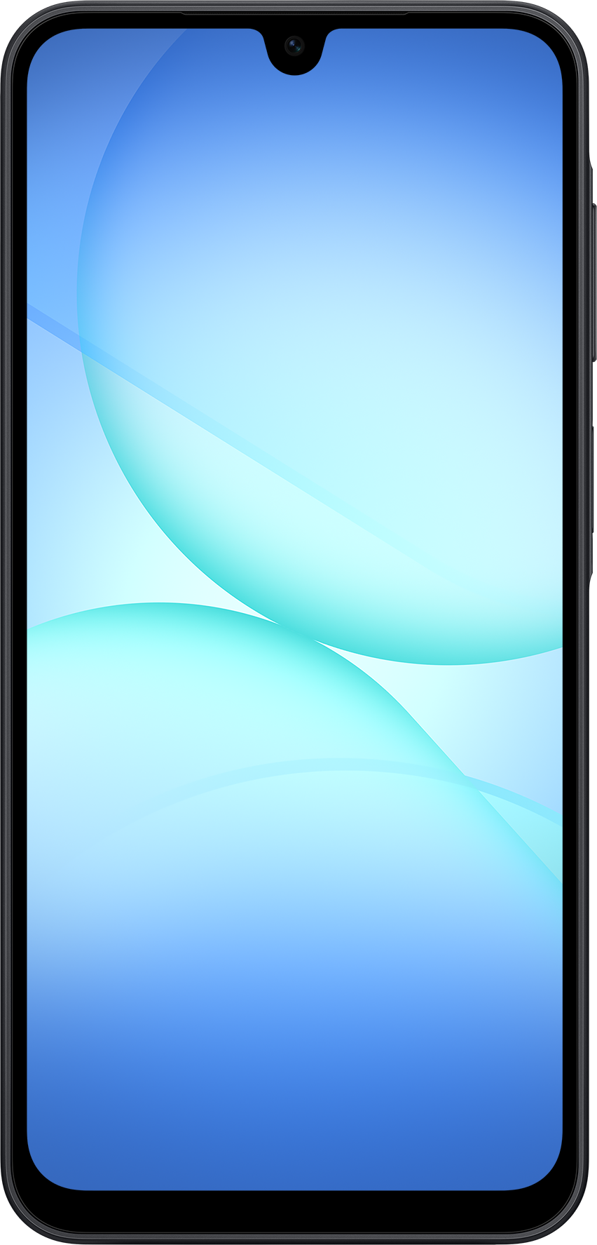 Smartphone-Bildschirm mit abstrakten blau und hellblauen Formen. Der Bildschirm hat einen schwarzen Rahmen und eine Frontkamera.
