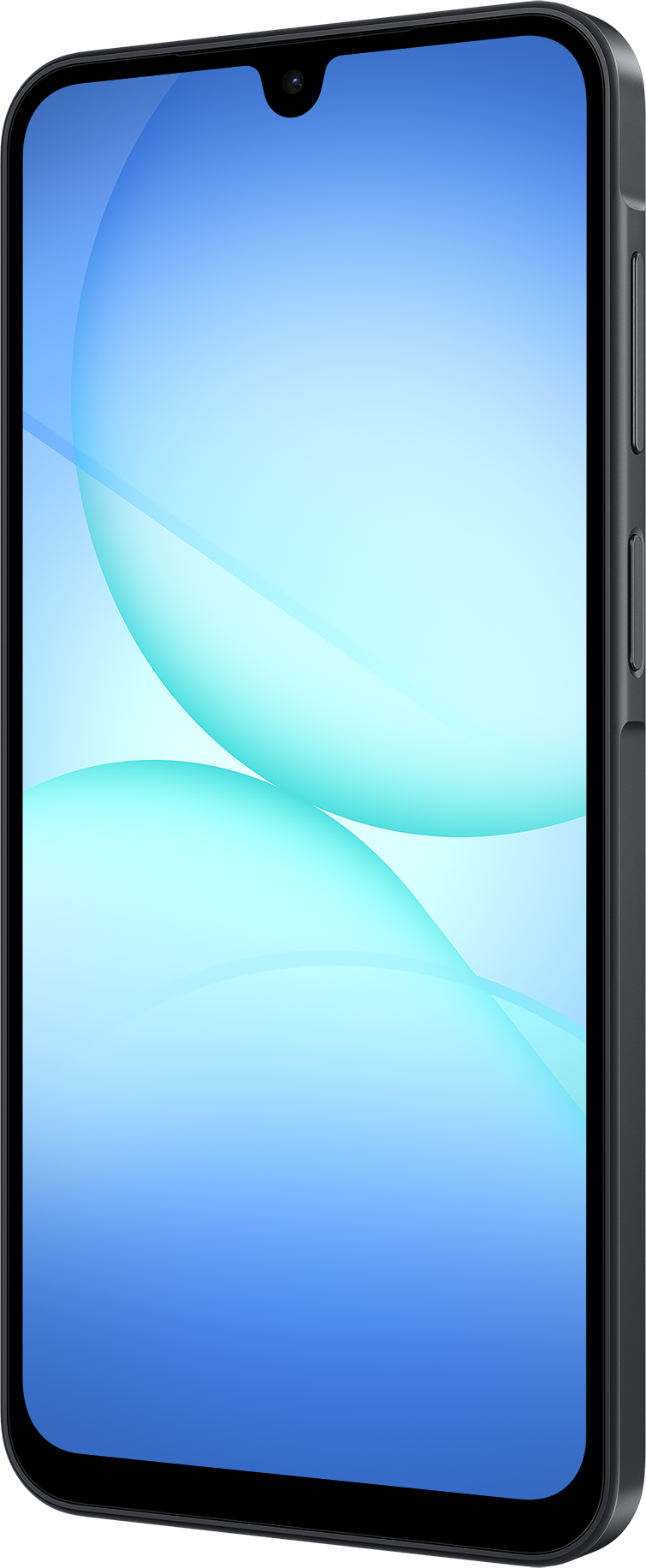Ein Smartphone, das nach rechts abgewinkelt ist und einen blauen Farbverlauf mit weißen Formen auf dem Bildschirm zeigt. Das Telefon ist schwarz, mit einer Kamera oben.