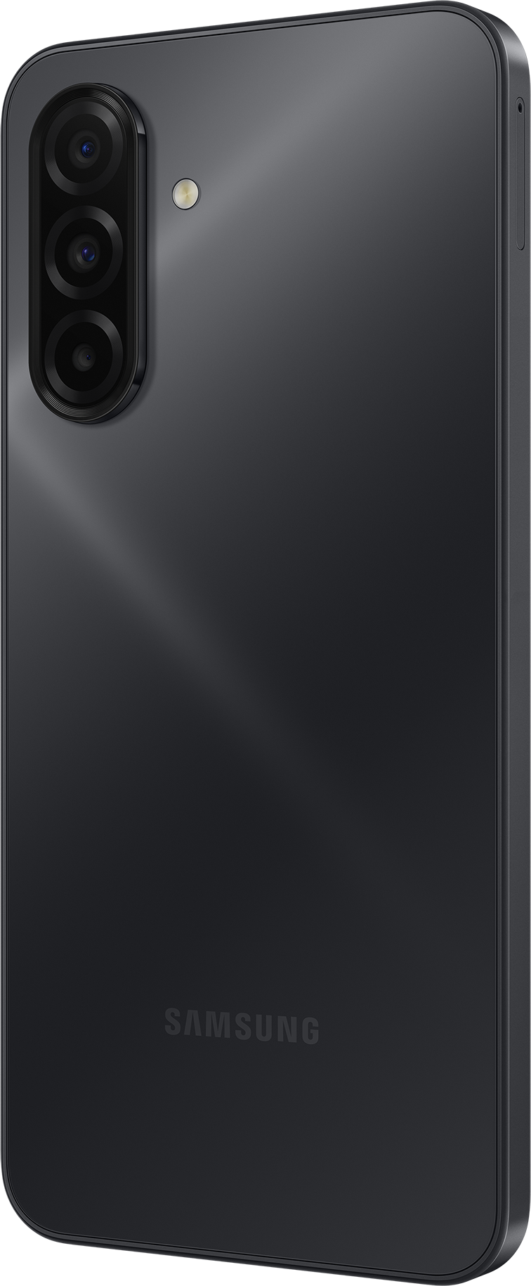 Eine schwarze Samsung-Smartphone-Rückseite mit drei Kameras, einem Blitz und dem Samsung-Logo. Die Seite hat eine Ein-/Aus-Taste.