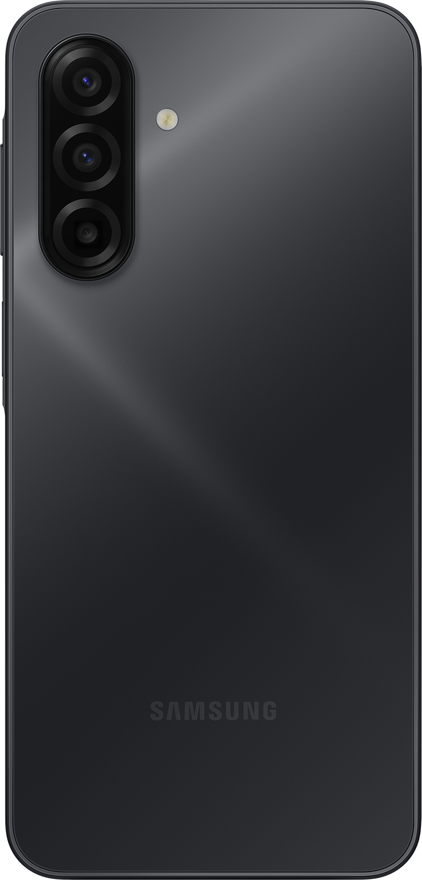 Rückseite eines schwarzen Smartphones mit drei Kameras, einem Blitz und dem Samsung-Logo. Das Telefon hat abgerundete Kanten.