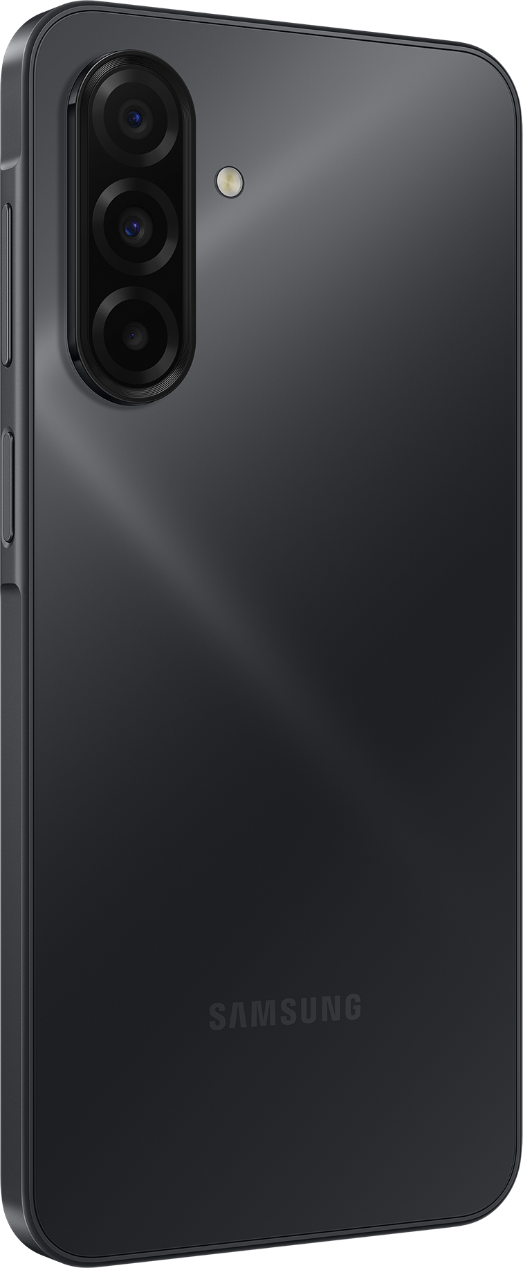 Rückseite eines schwarzen Smartphones. Drei Kameras und ein Blitz sind sichtbar. Der Markenname SAMSUNG steht unten.