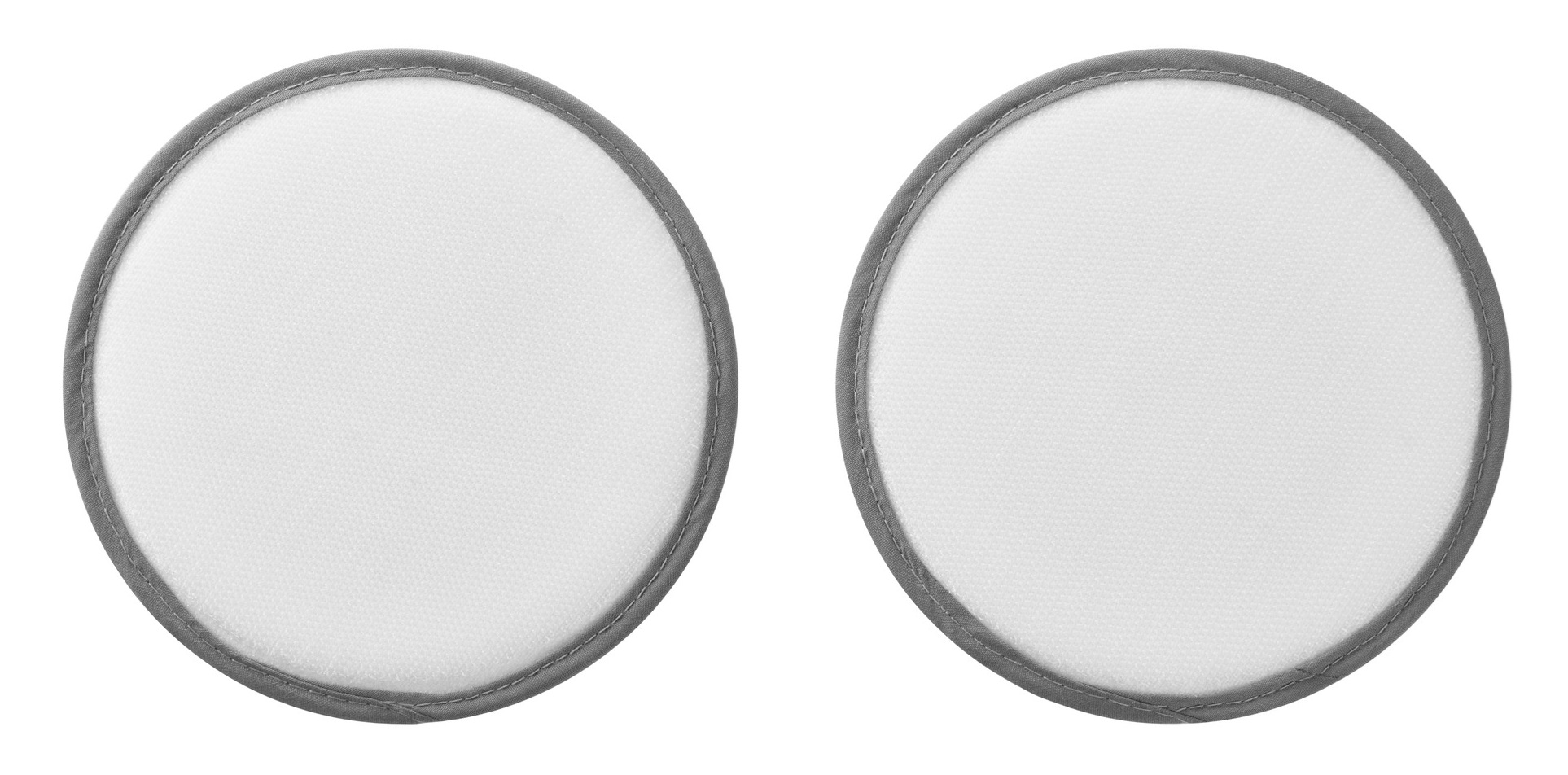 Dwa okrągłe dyfuzory światła. Każdy ma biały środek, szarą obwódkę i szytą krawędź na białym tle.