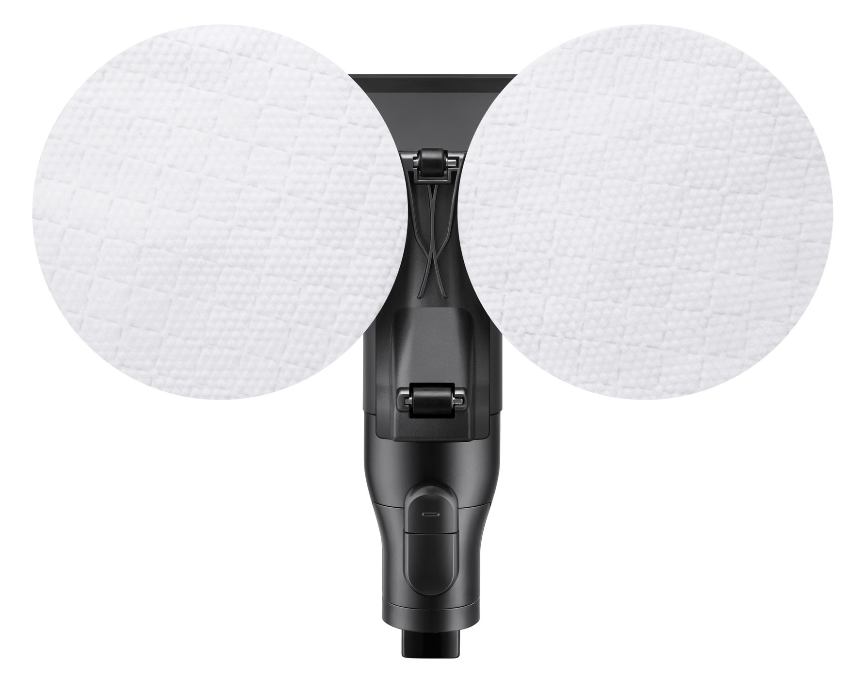 Widok z góry na czarne narzędzie czyszczące z dwiema dużymi, białymi, okrągłymi podkładkami.