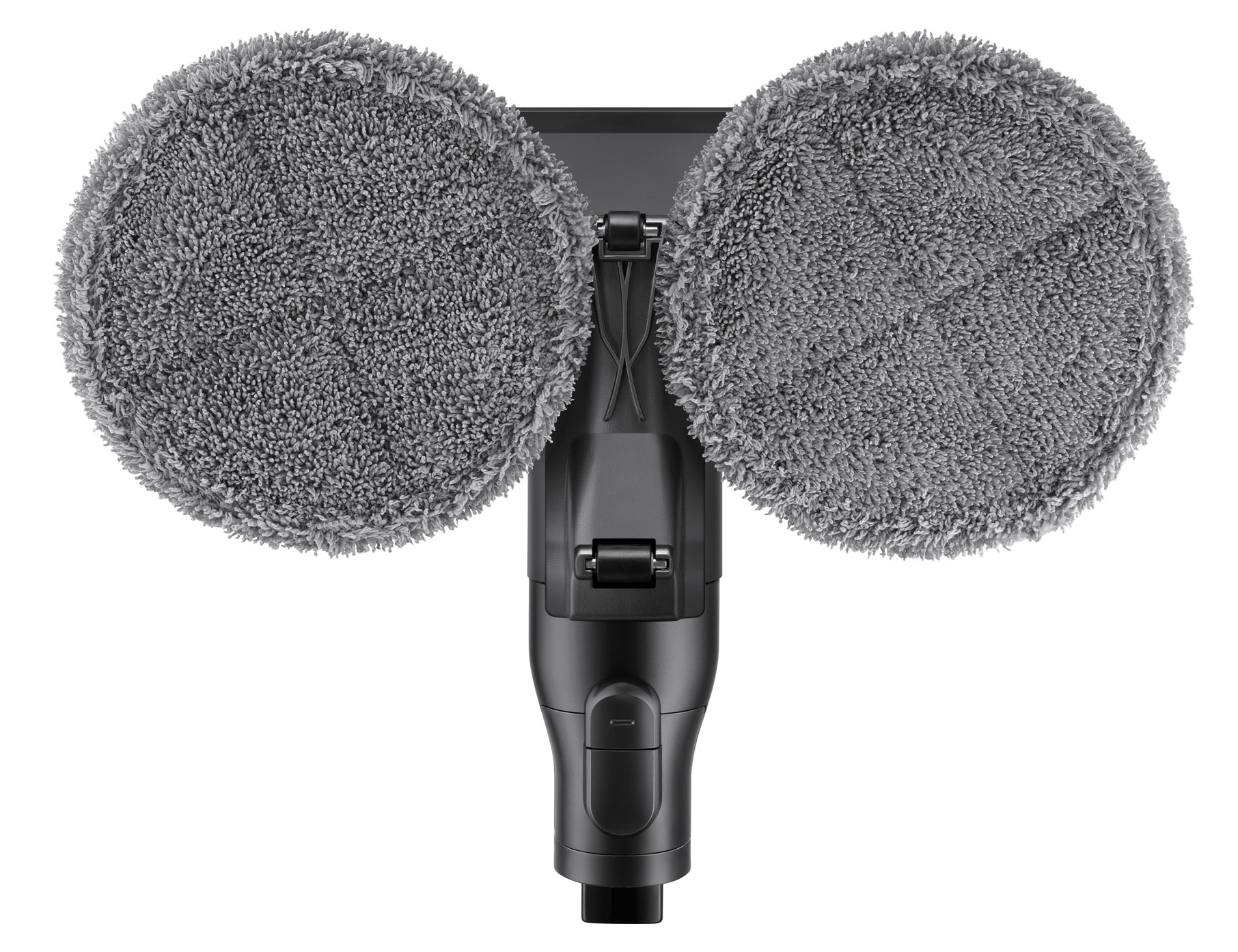 Odkurzacz do podłóg z dwiema okrągłymi szarymi nakładkami na górze i czarnym uchwytem. Nakładki mają włochatą fakturę. Białe tło.