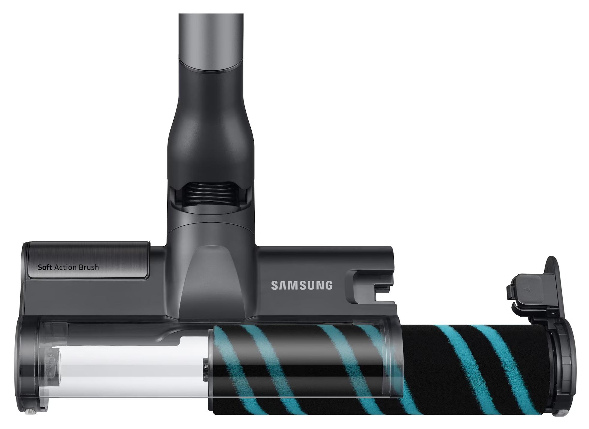 Ciemnoszara głowica odkurzacza, z napisem 'Soft Action Brush', z obrotową szczotką w czarno-niebieskie paski.