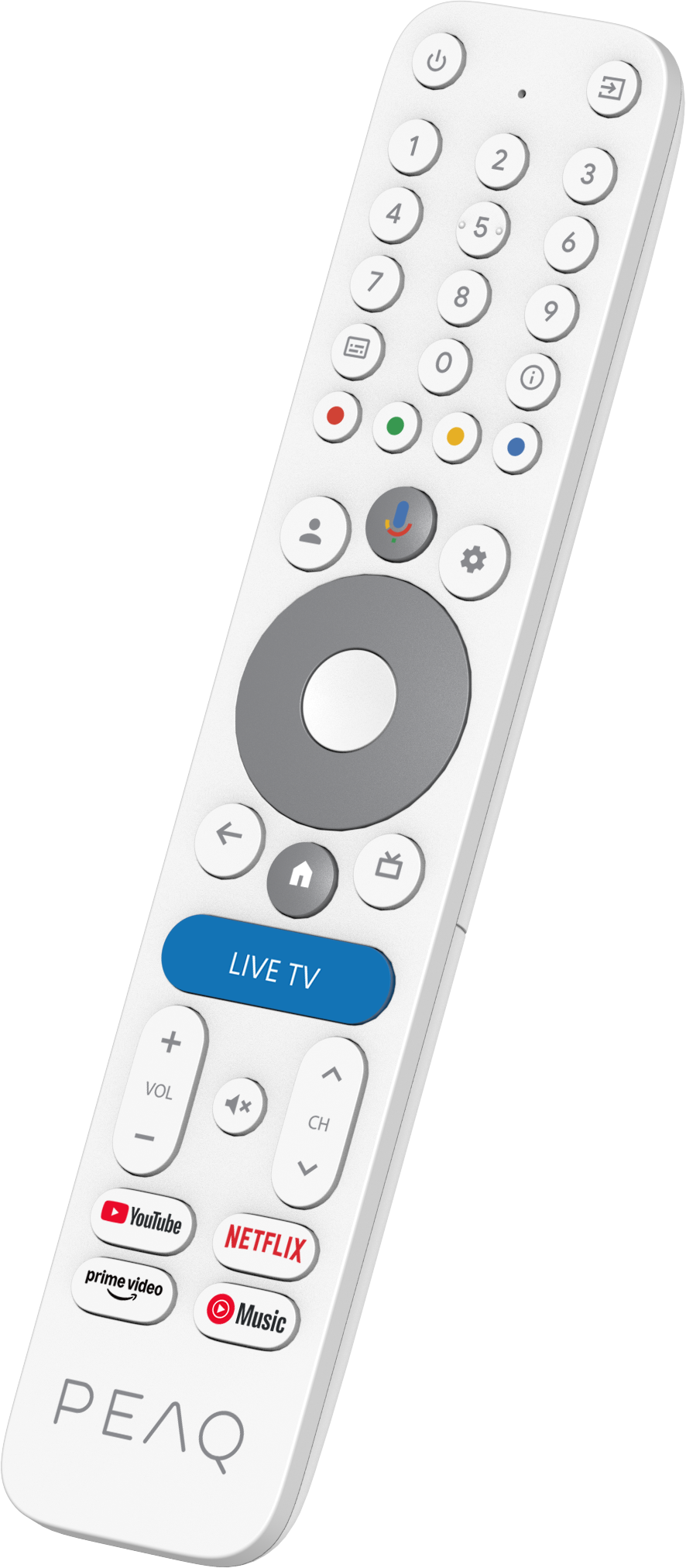 Télécommande blanche avec boutons. Comprend les touches de volume, de chaîne et numériques. Avec les boutons YouTube, Netflix et Prime Video.