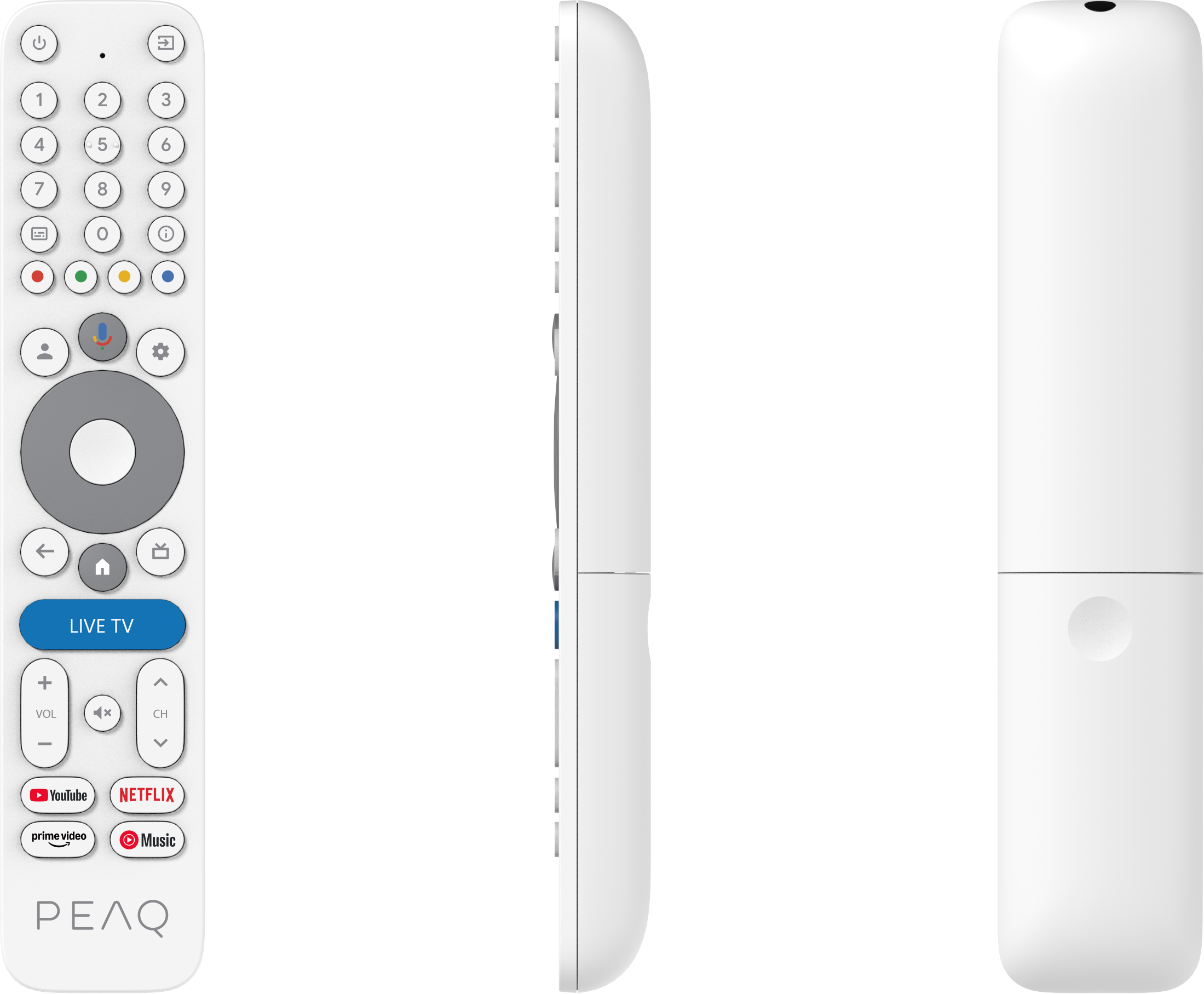Une télécommande PEAQ blanche. Elle possède de nombreux boutons et un cercle gris central avec une icône de micro.