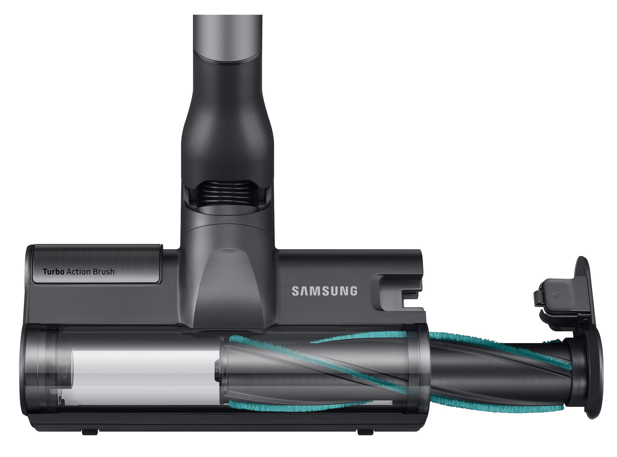 Czarna i szara głowica odkurzacza Samsung. Ma przezroczystą część pokazującą szczotkę. Ma również niebieską szczotkę.