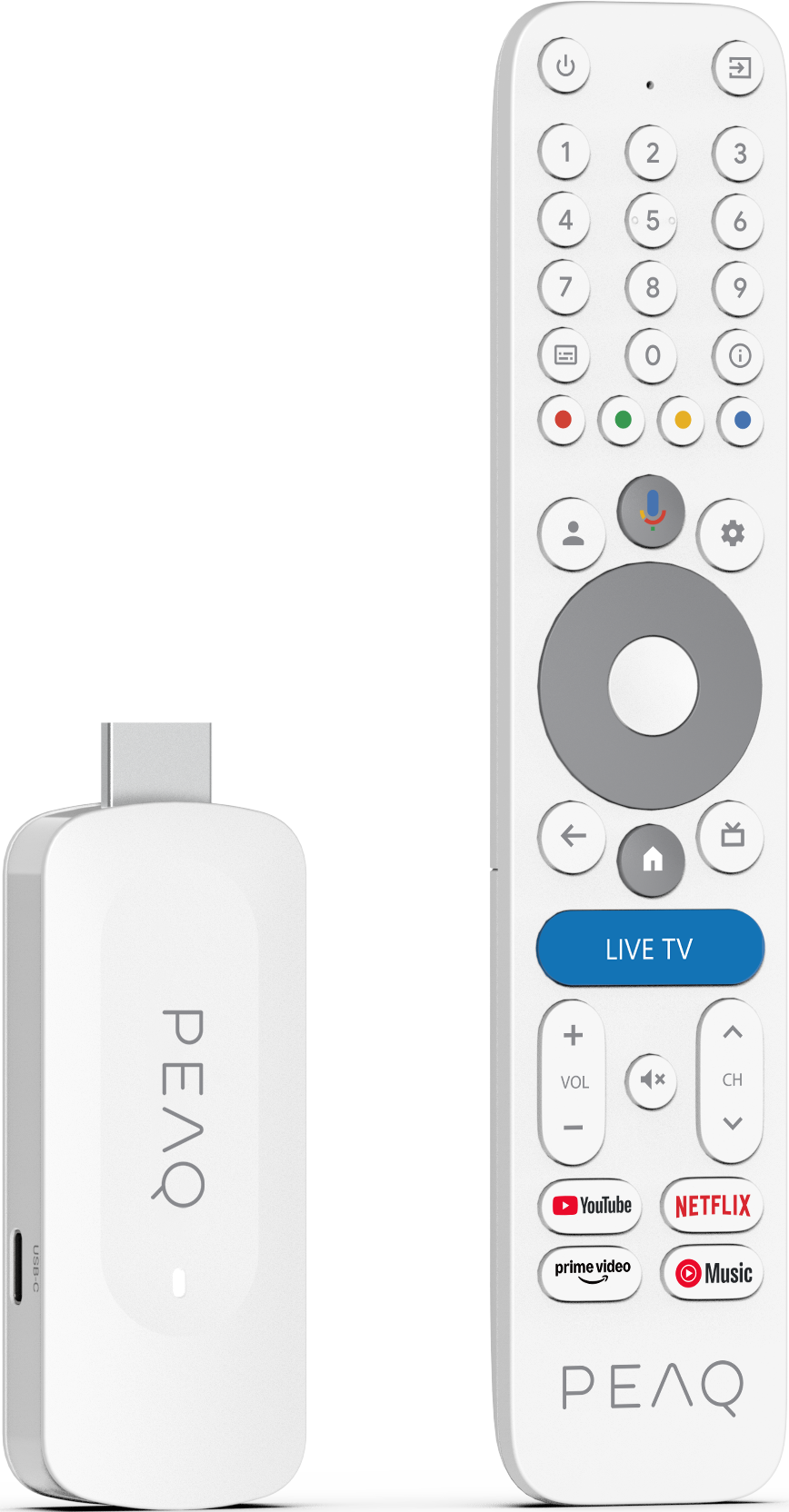 Une télécommande PEAQ blanche et un appareil de streaming blanc. La télécommande comporte des boutons pour l'alimentation, les chiffres et les services de streaming.