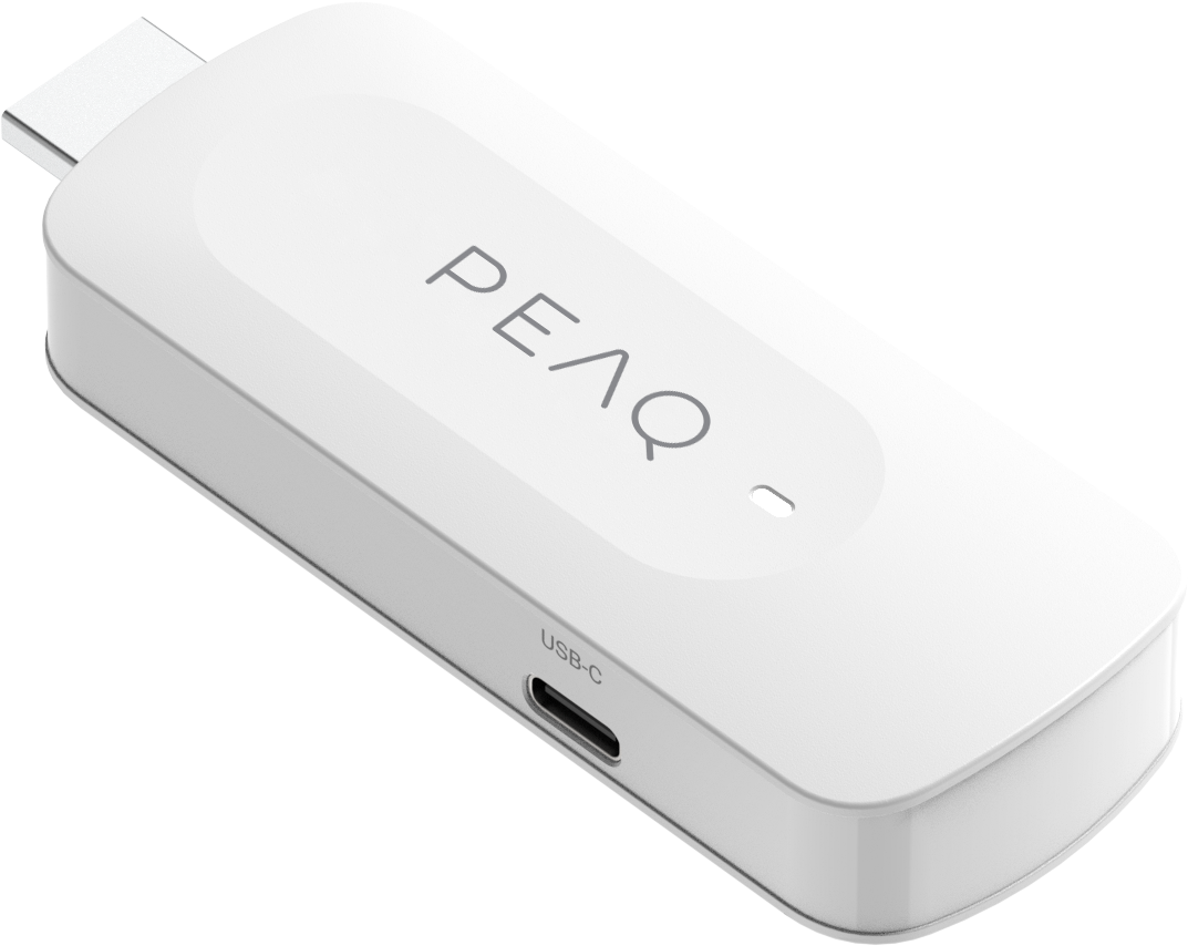 Clé USB-C PEAQ blanche. Possède un port USB-C, un connecteur USB argenté et le nom PEAQ. Contient un petit indicateur lumineux.