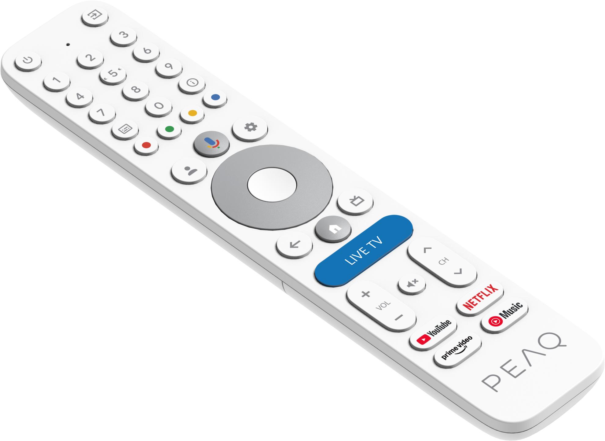 Télécommande blanche. Boutons pour alimentation, chiffres, Assistant Google, volume, chaîne, Netflix, YouTube et logo 'PEAQ'.