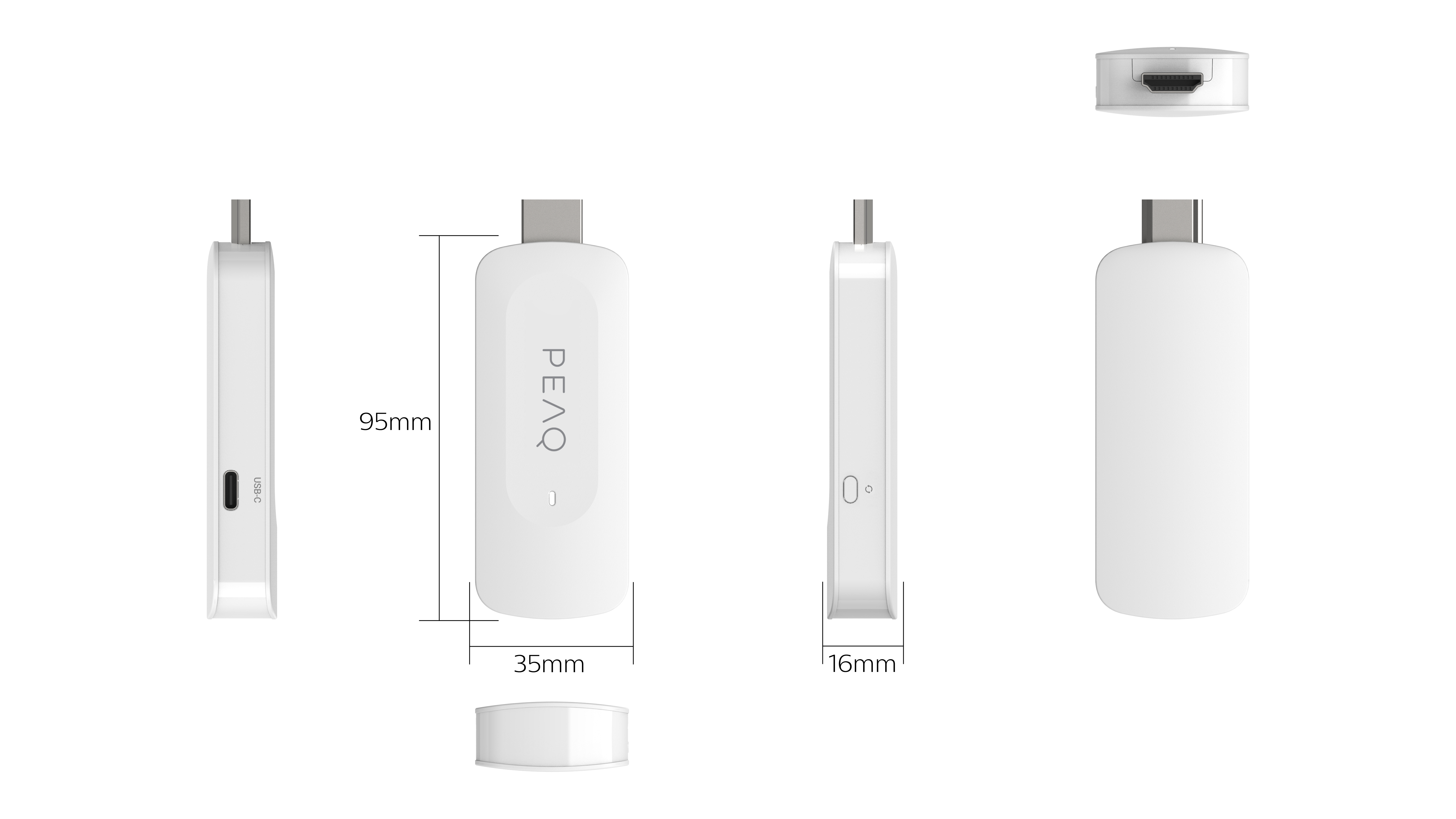 Clé PEAQ blanche avec dimensions, ports USB-C et HDMI. Plusieurs vues sont présentées, y compris des profils latéraux et supérieurs avec mesures.