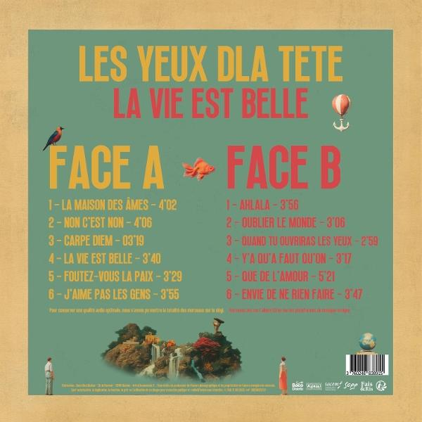 Albumcover mit Text: Les Yeux Dla Tete, La Vie Est Belle, und Tracklisten für Seite A und Seite B. Enthält Landschafts- und Personenkunstwerke.