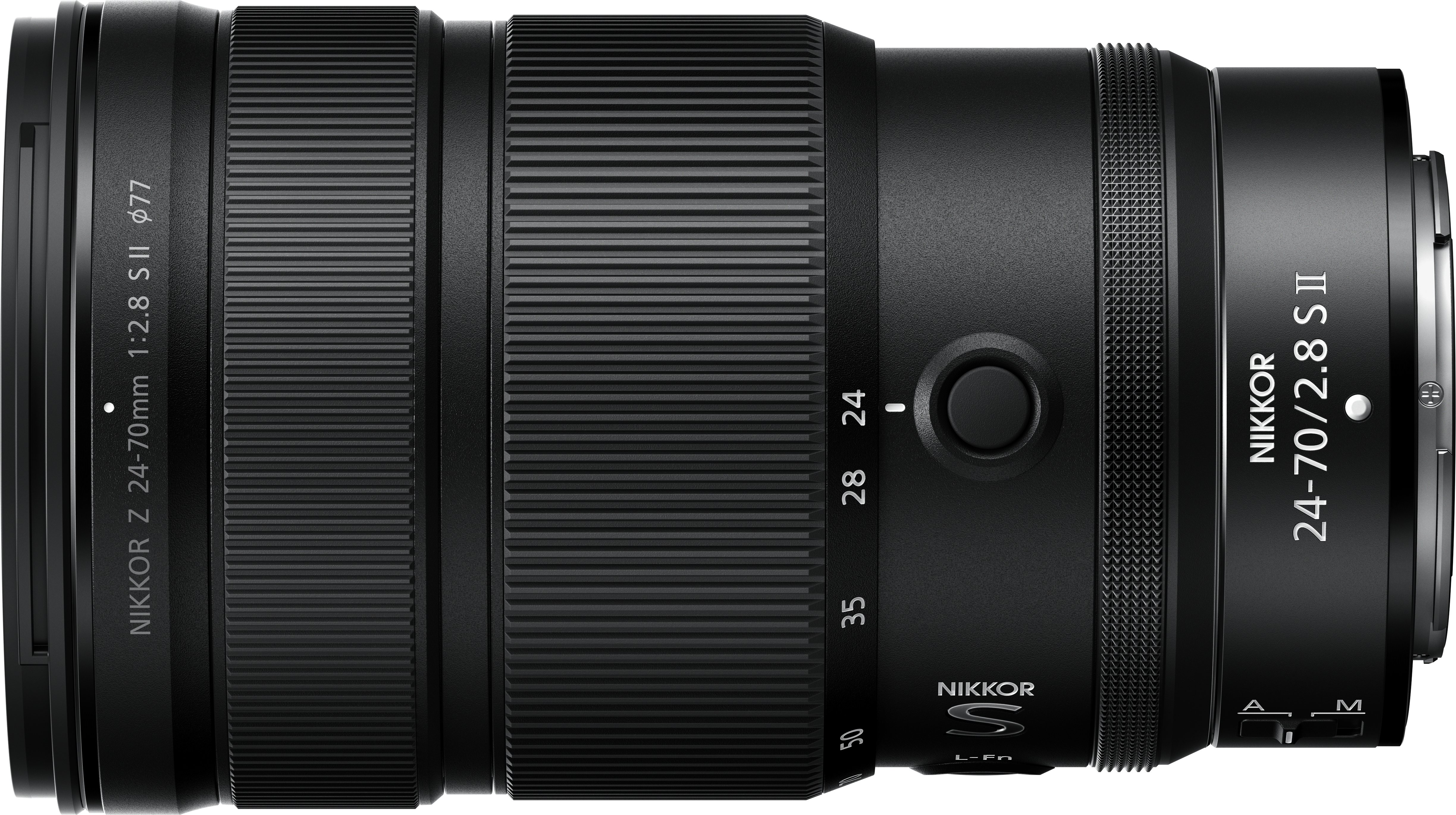 Ein schwarzes Nikon 24-70mm f/2.8 S II Objektiv. Das Objektiv hat geriffelte Abschnitte, Markierungen für Brennweiten und einen Fokusmodusschalter.