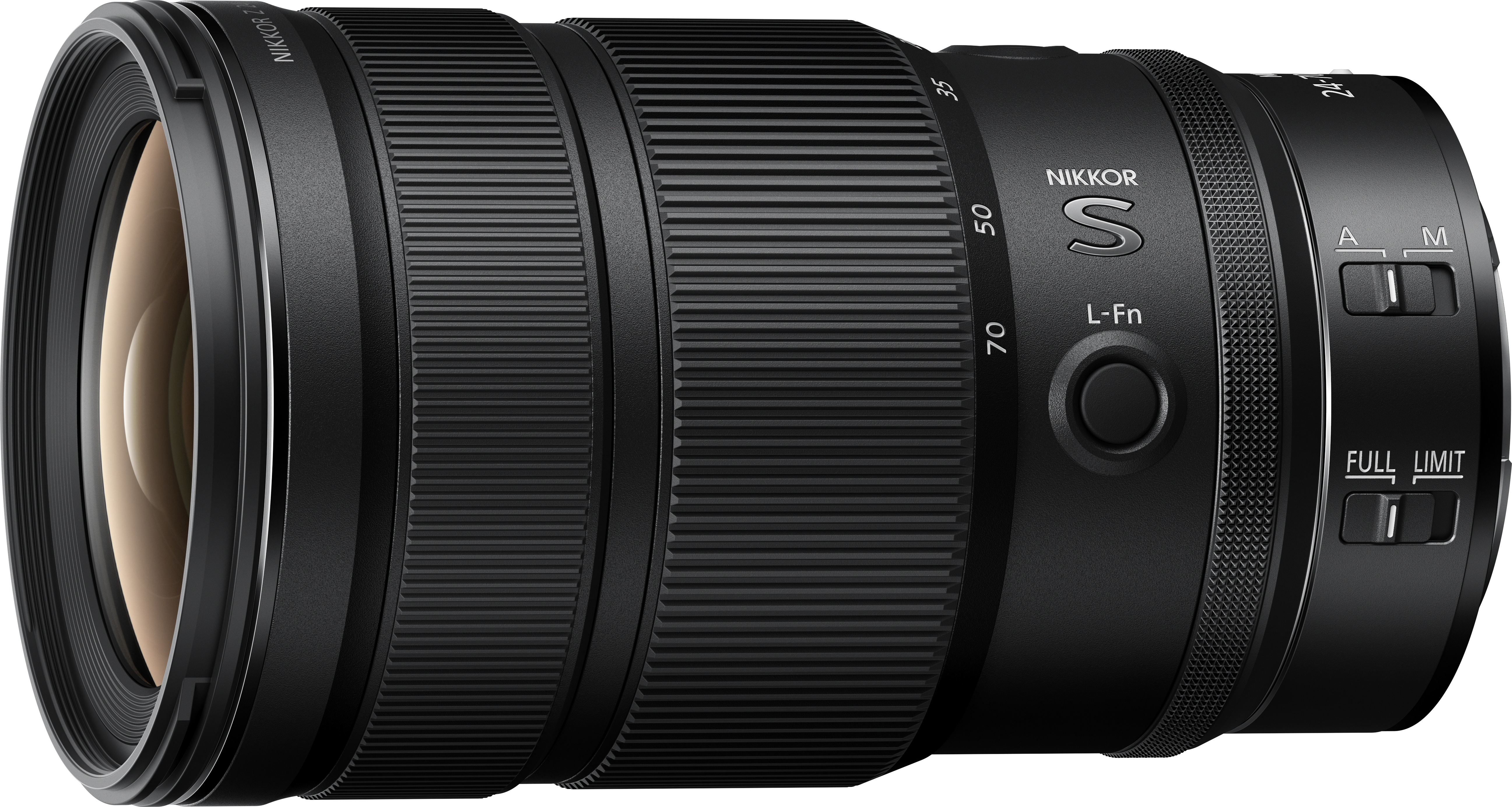 Ein schwarzes Nikon-Kameraobjektiv. Es hat geriffelte Abschnitte, Markierungen für Brennweiten und Bedienelemente.