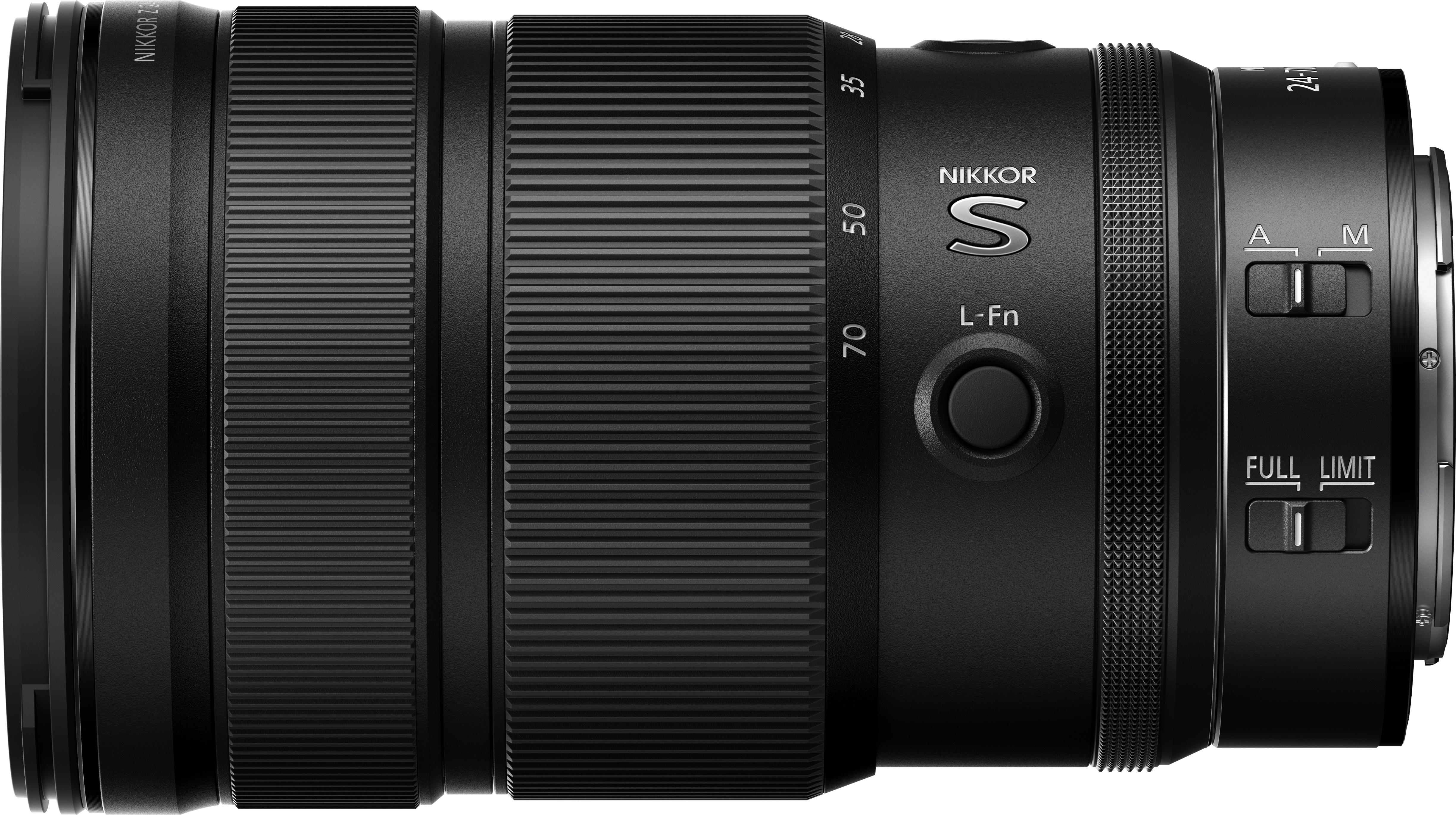 Ein schwarzes Nikon-Objektiv mit gerippter Textur. Es hat Fokus- und Zoomeinstellungen, einen Knopf und markierte Brennweiten.