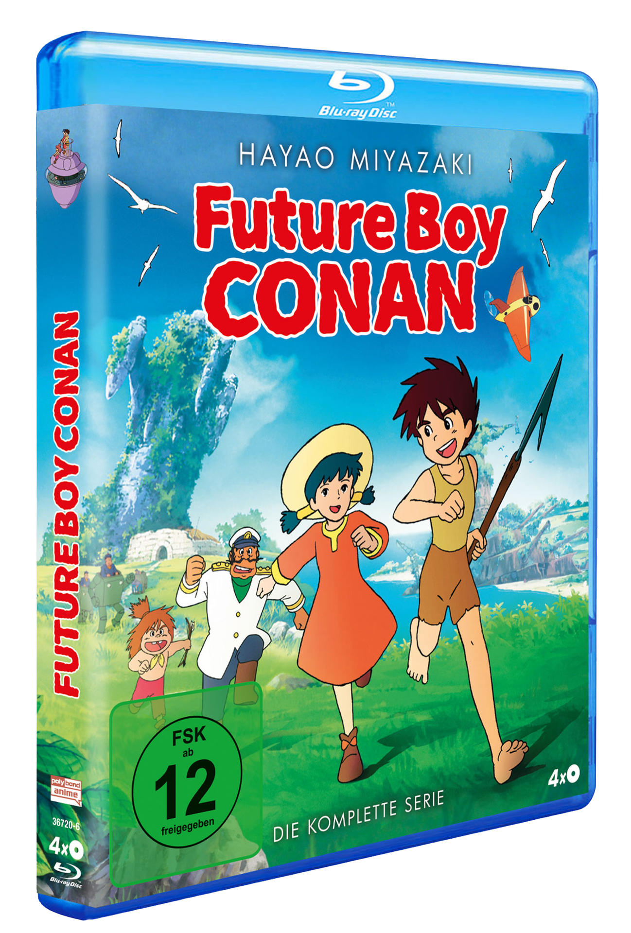 Blu-ray-Cover für Future Boy Conan. Enthält Cartoon-Charaktere, blauen Himmel und Text. Das Cover ist auf Deutsch.