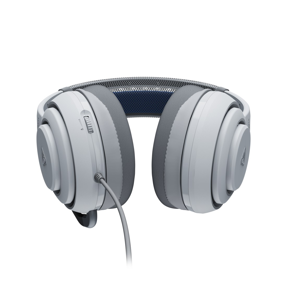 Weiß-graues Gaming-Headset mit blauem Mesh-Kopfband, Lautstärkeregler und grauem Kabel, das nach unten verläuft.