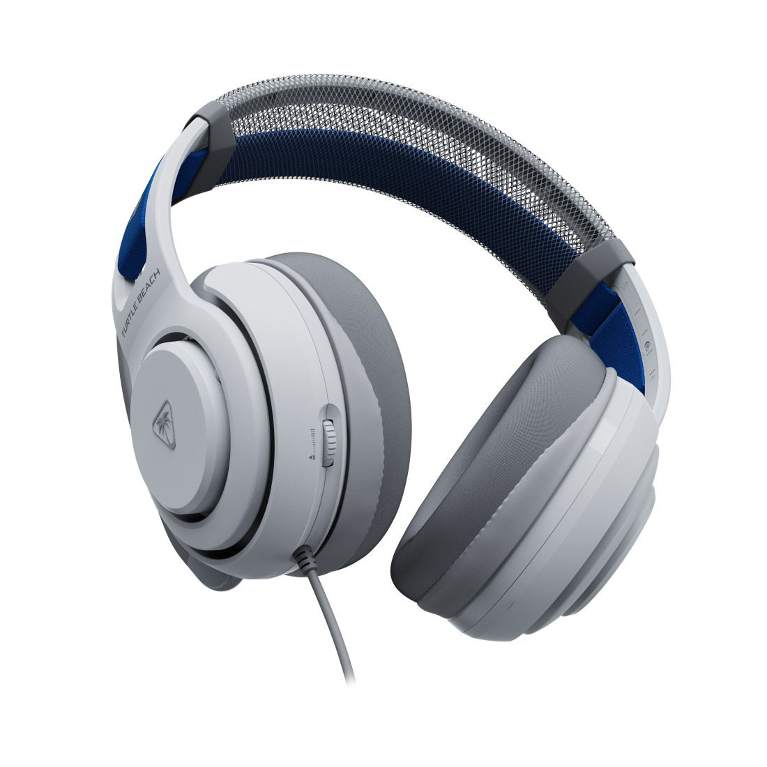 Weiß-graues Turtle Beach-Headset mit blauen Akzenten. Das Headset hat einen Kabelanschluss und eine Lautstärkeregelung am Ohrmuschel.