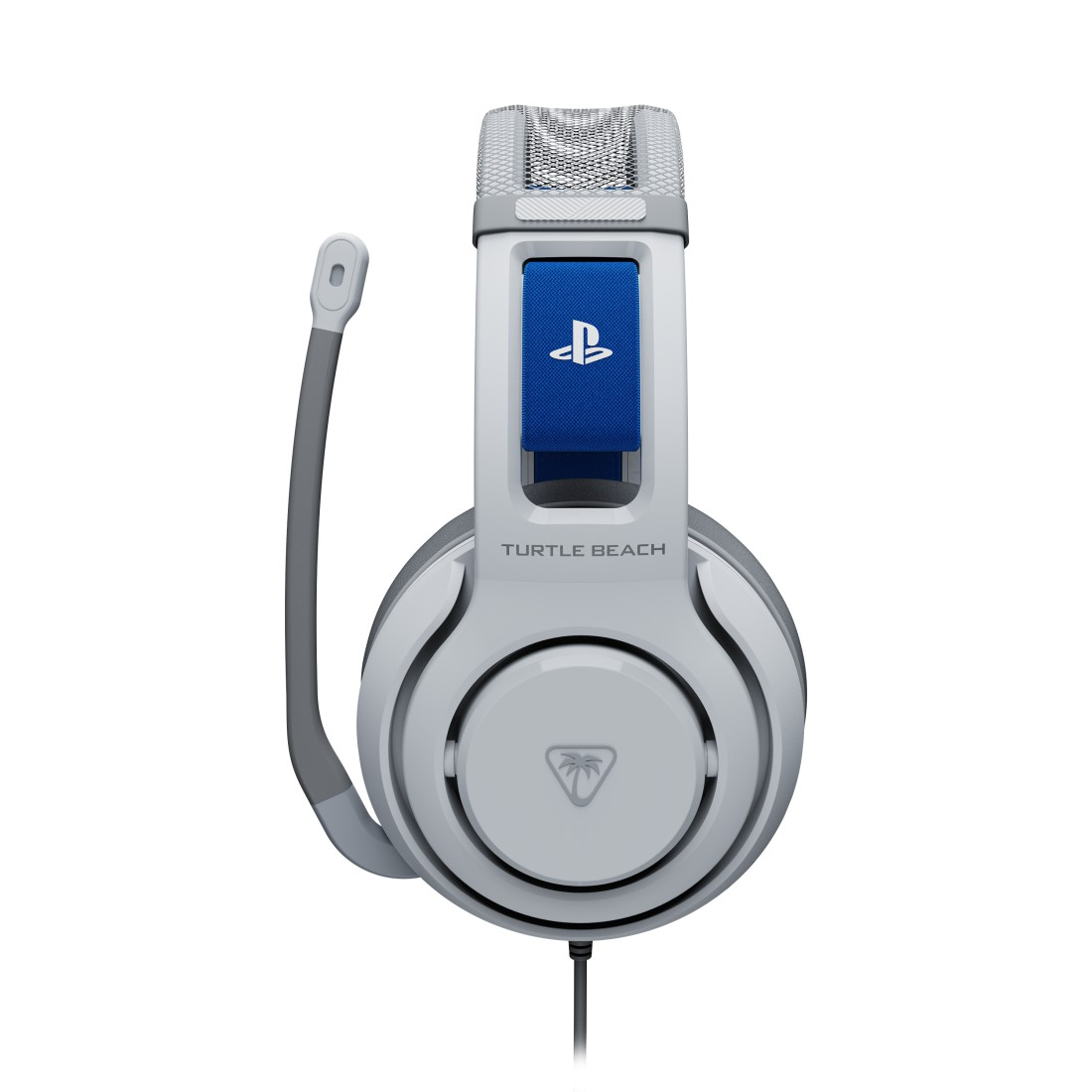 Weißes Gaming-Headset mit blauem PlayStation-Logo, grauem Mikrofon und schwarzem Kabel. Markenname ist Turtle Beach.