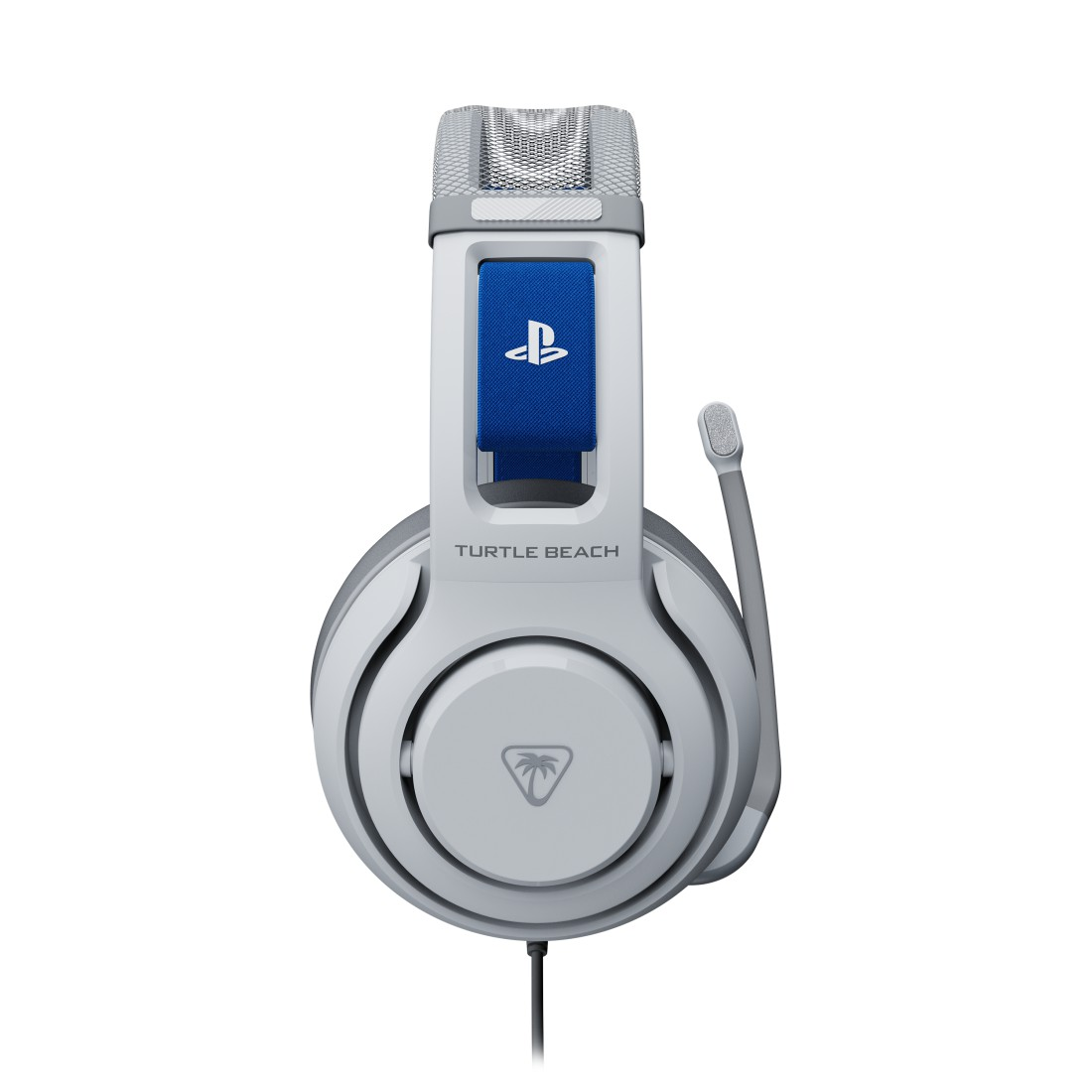 Ein weißes Gaming-Headset mit blauem Riemen und PlayStation-Logo. Es hat ein Mikrofon und das Turtle Beach-Logo.