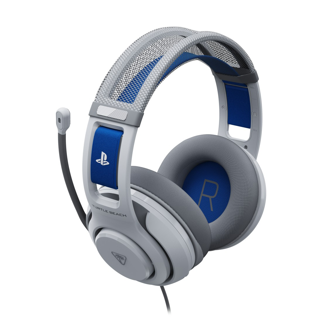 Ein weiß-graues Turtle Beach Gaming-Headset. Mit blauen Akzenten, Mikrofon und PlayStation-Logo auf dem Kopfband.