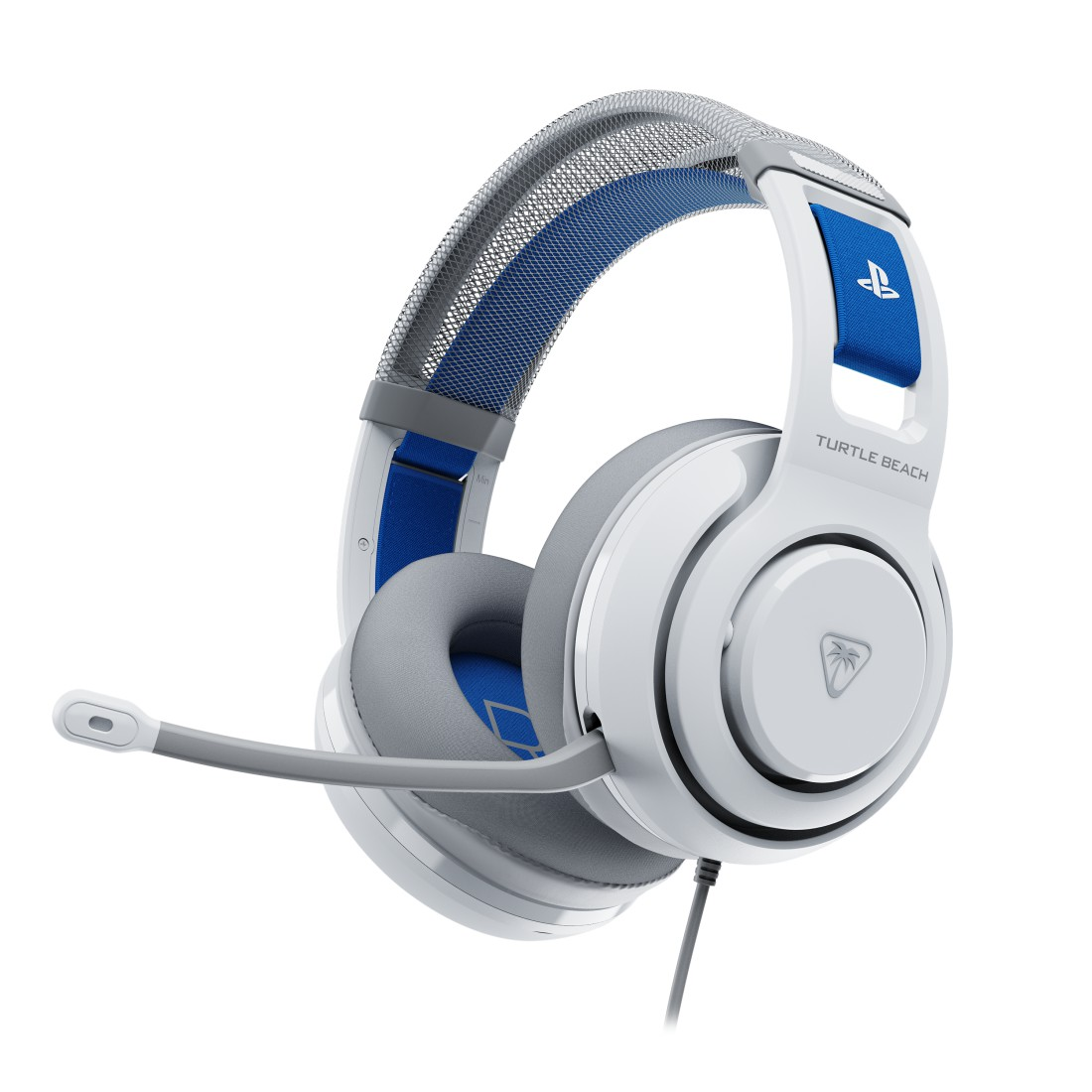 Weiß-blaues Gaming-Headset. Das Headset hat ein Mikrofon und ist mit einem Kabel verbunden. Die Marke ist Turtle Beach.