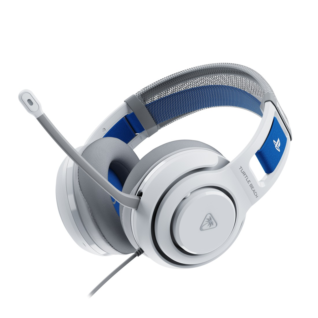 Weiß-blaues Gaming-Headset mit Mikrofon, PlayStation-Logo und Turtle Beach-Marke.