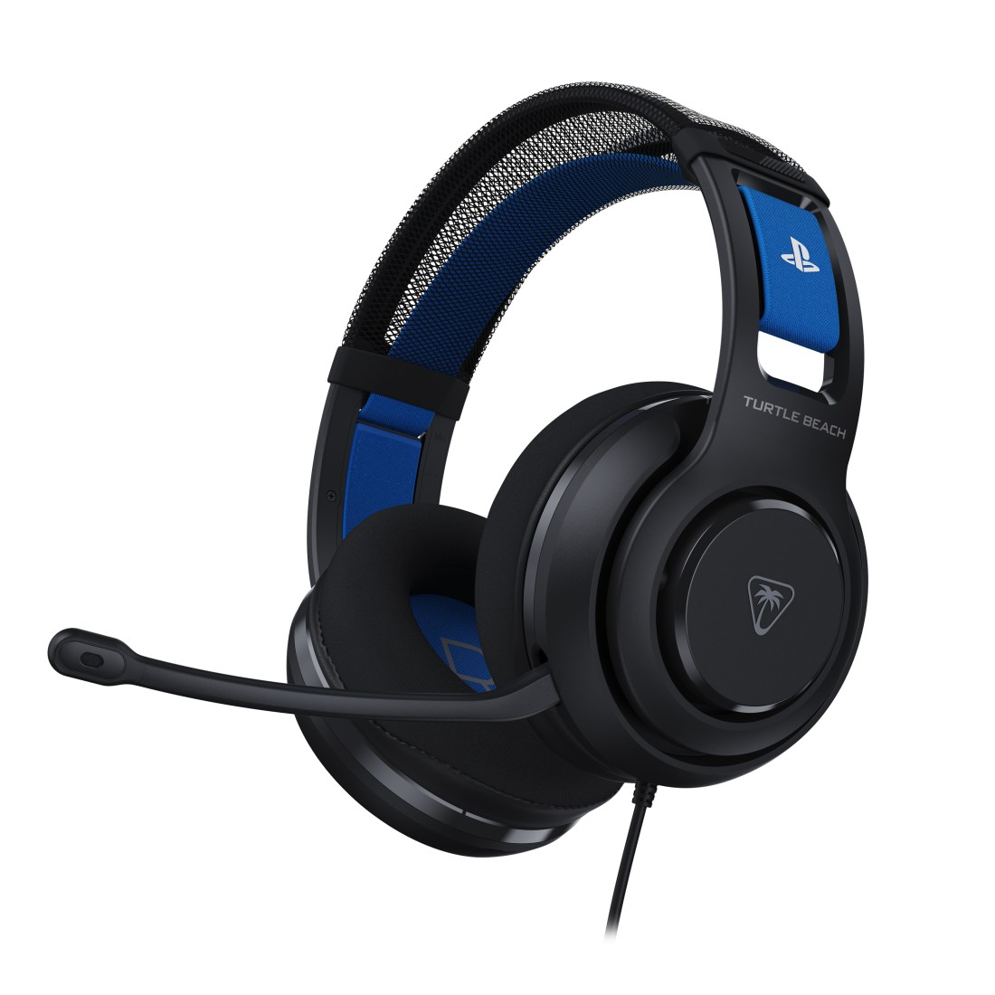 Schwarzes und blaues Turtle Beach-Headset mit Mikrofon, PlayStation-Logo und schwarzem Kabel. Das Headset vor weißem Hintergrund.