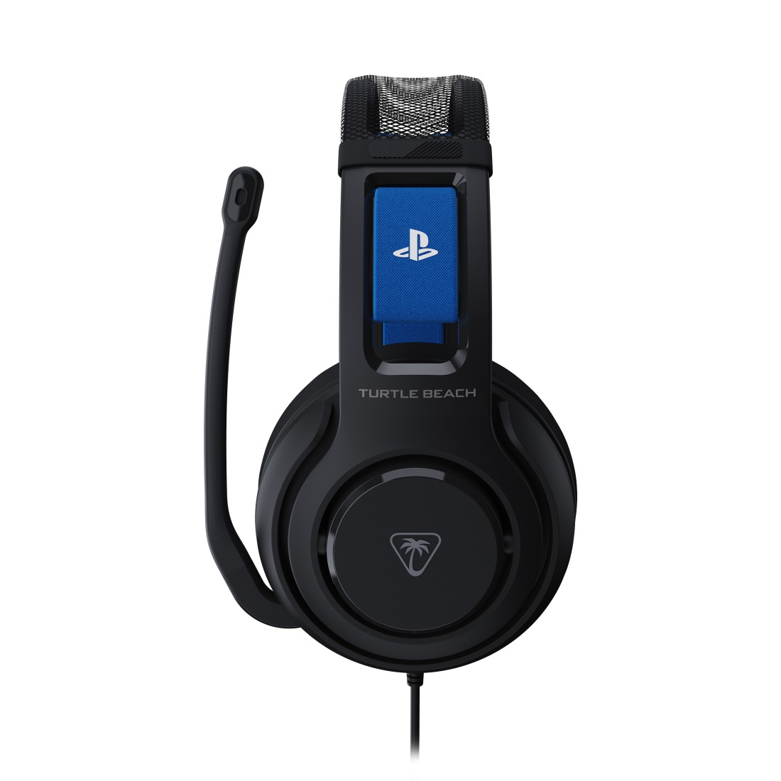 Schwarzes Turtle Beach Gaming-Headset mit blauem PS-Logo. Es hat ein Mikrofon und ein schwarzes Kabel. Weißer Hintergrund.
