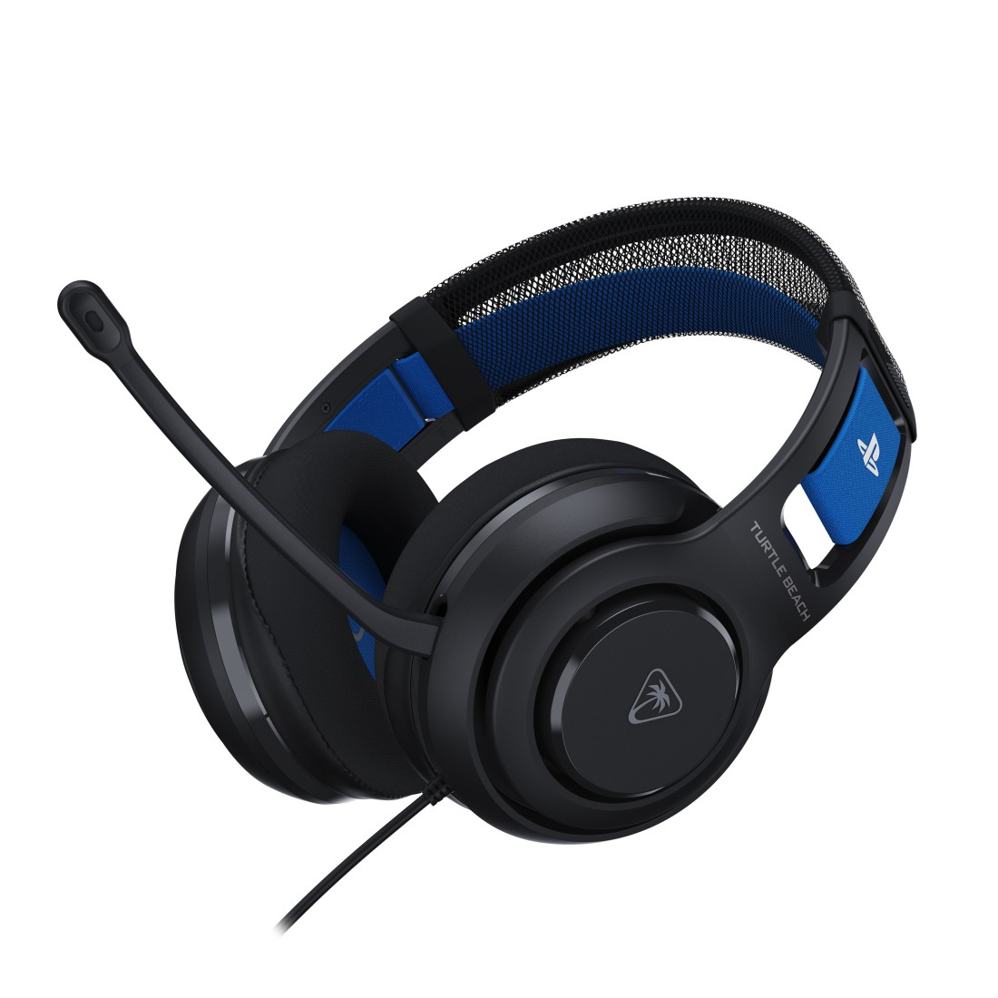 Schwarzes und blaues Turtle Beach Gaming-Headset. Es hat ein Mikrofon und das PlayStation-Logo. Der Hintergrund ist weiß.