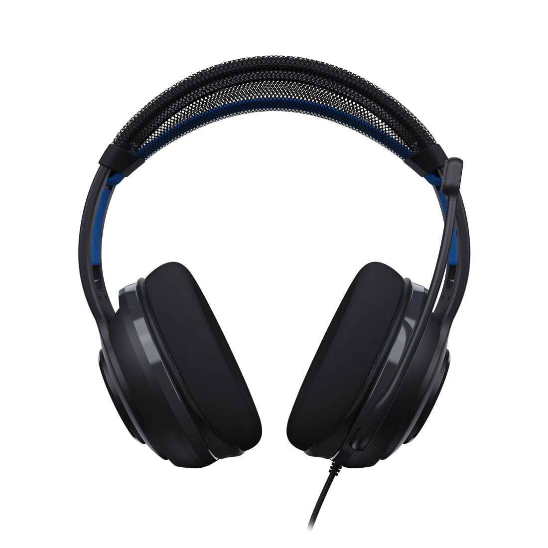 Schwarzes und blaues Gaming-Headset. Das Headset hat ein gepolstertes Stirnband und Ohrmuscheln. Ein schwarzes Kabel hängt herunter.