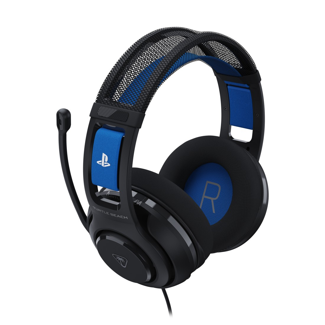 Schwarzes und blaues Turtle Beach Gaming-Headset. Verfügt über ein Mikrofon, Ohrmuscheln mit blauen Akzenten und ein PlayStation-Logo.