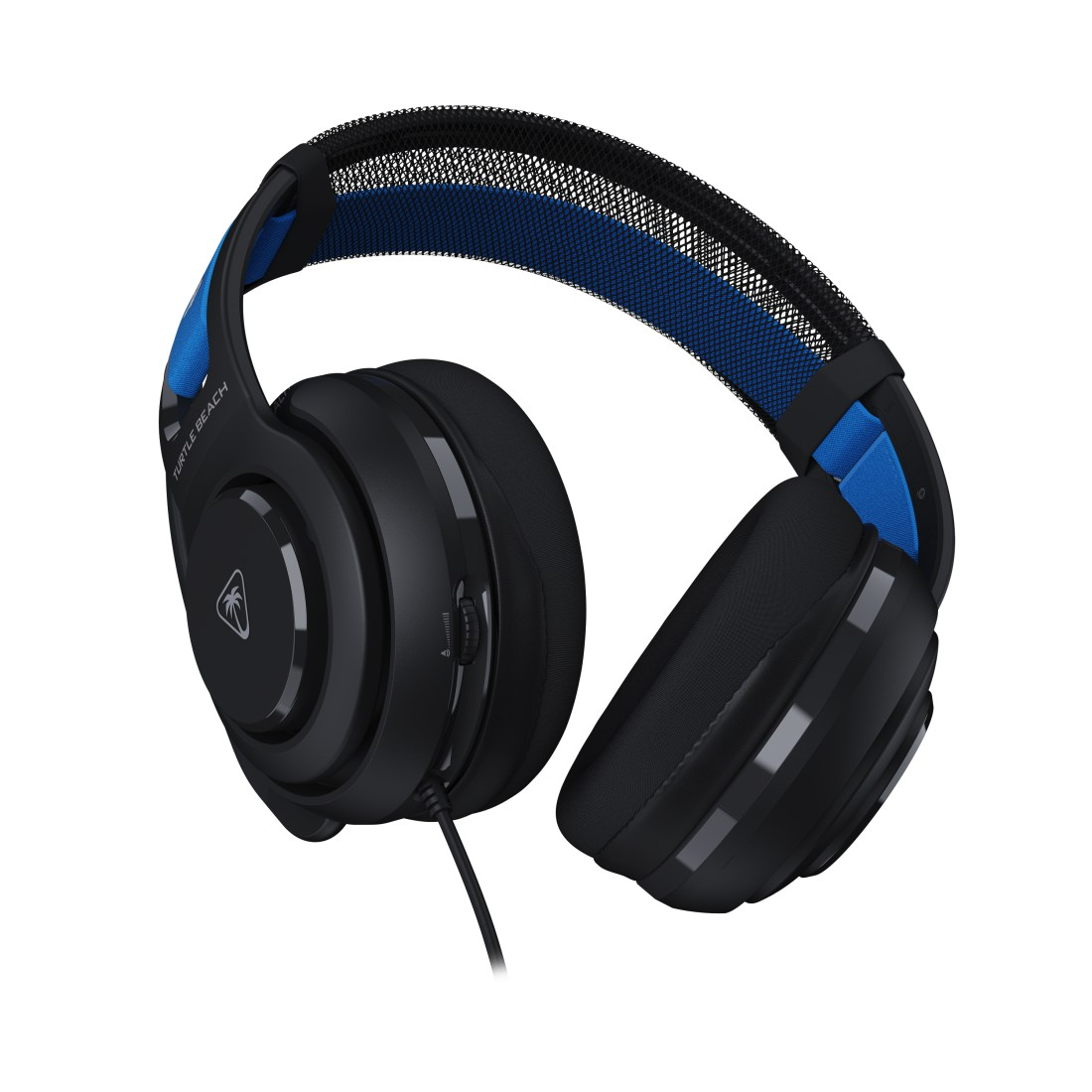 Schwarzes und blaues Turtle Beach Gaming-Headset auf weißem Hintergrund. Das Headset hat ein Mesh-Stirnband und Ohrmuscheln.