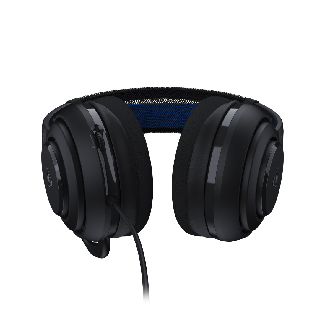Schwarze Gaming-Kopfhörer mit blauem Stirnband. Die Kopfhörer haben eine Lautstärkeregelung und ein Kabel. Isoliert auf weißem Hintergrund.
