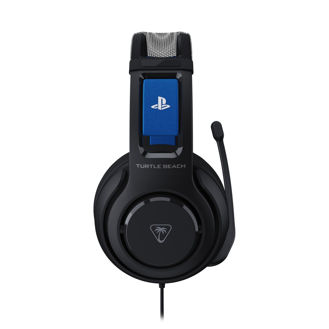 Schwarzes Turtle Beach Gaming-Headset. Blaues PlayStation-Logo auf dem Stirnband. Mikrofon auf der linken Seite. Schwarzes Kabel.
