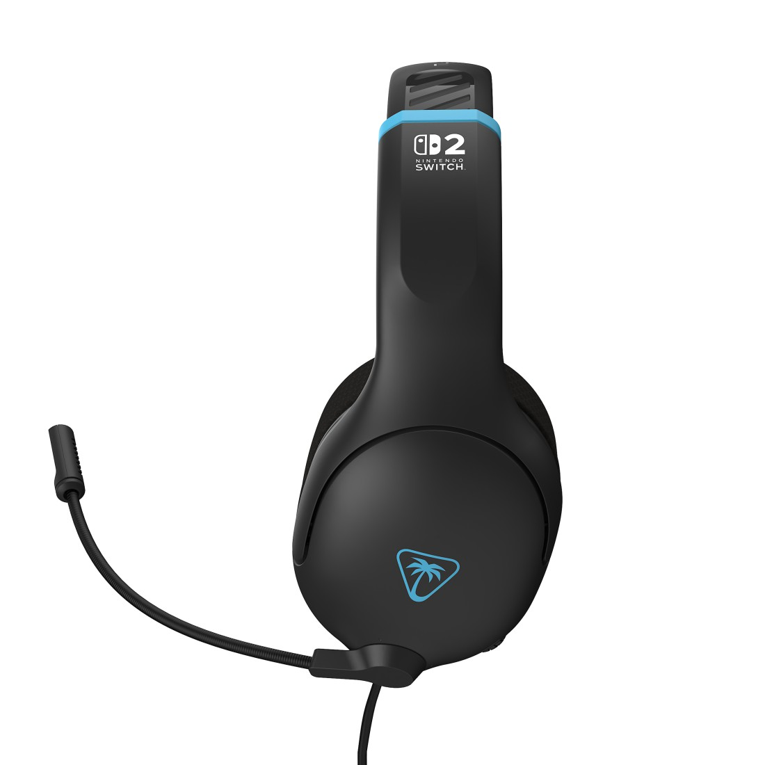 Schwarzes Headset mit Mikrofon. Es hat einen blauen Akzent und ein Logo mit einer Palme. Für Nintendo Switch.