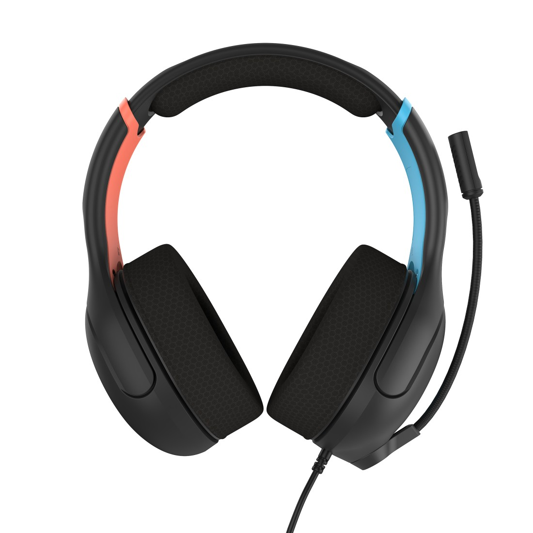 Schwarzes Gaming-Headset mit orangefarbenen und blauen Akzenten. Es hat ein Mikrofon und ein Kabel. Die Ohrmuscheln sind schwarz, mit einem Wabenmuster.
