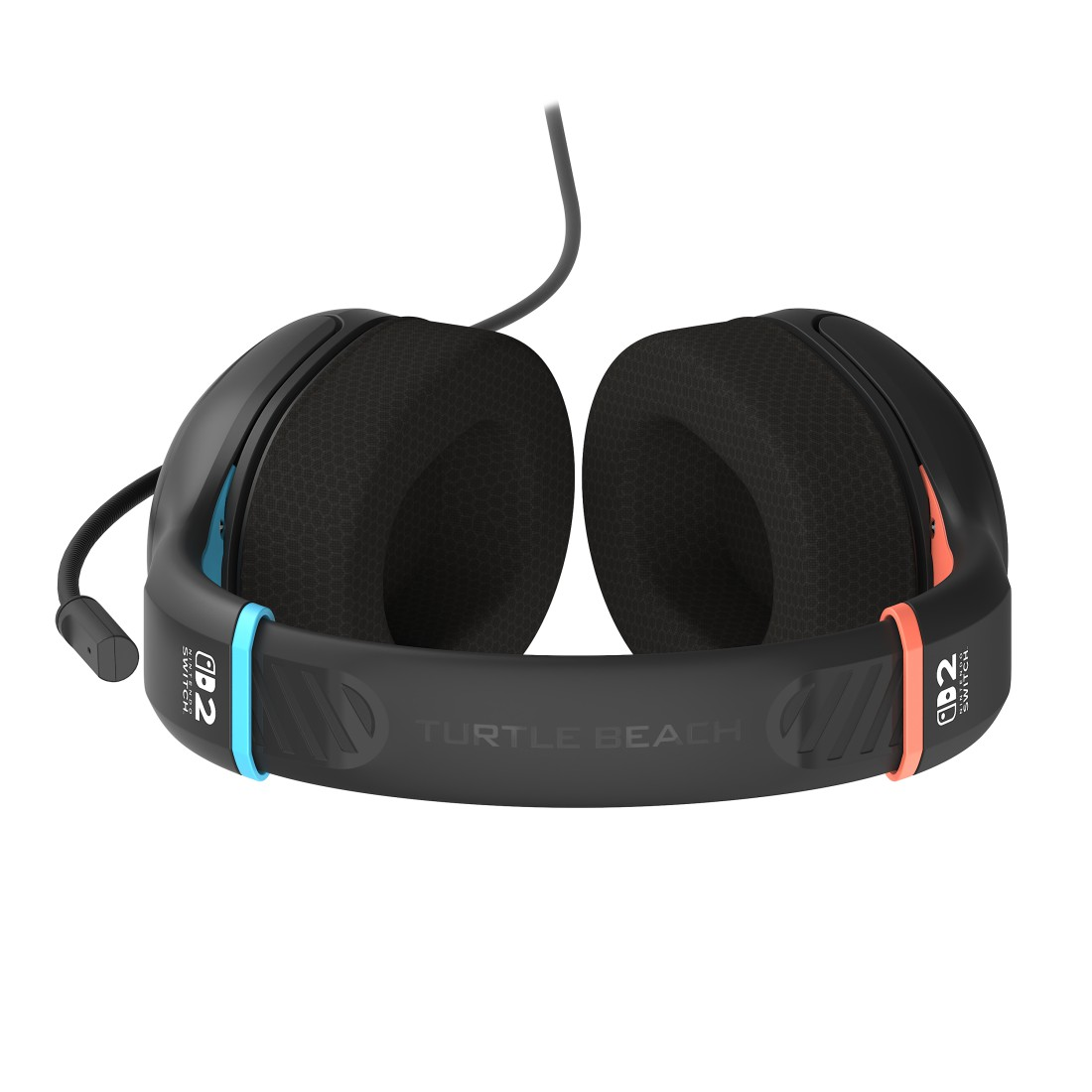 Schwarzes Turtle Beach Headset für Nintendo Switch. Es hat ein Mikrofon und orangefarbene und blaue Akzente. Die Ohrmuscheln sind schwarz und gepolstert.