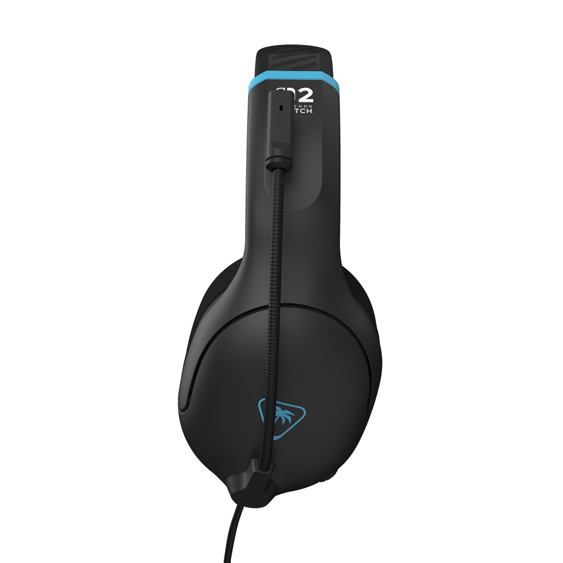 Schwarzes Gaming-Headset mit blauen Akzenten. Verfügt über ein Mikrofon und ein Kabel. Das Turtle Beach-Logo ist sichtbar.