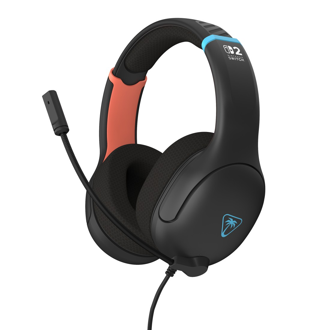 Schwarzes Gaming-Headset mit orangefarbenen und blauen Akzenten. Mit Mikrofon und Nintendo Switch-Logo.