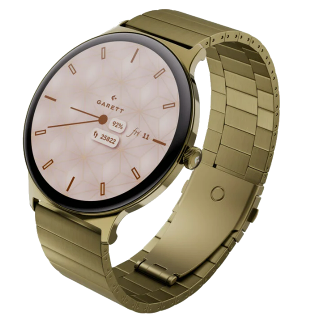 Złoty smartwatch z okrągłą tarczą. Zegarek wyświetla godzinę, datę i wskaźniki zdrowia. Pasek jest również złoty.