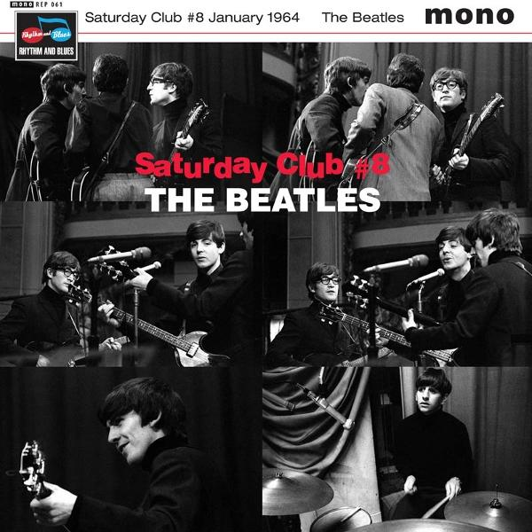 A Beatles koncertjének kollázsa. A kép fekete-fehér, szöveg overlay-ekkel, mint a "Saturday Club" és "mono".